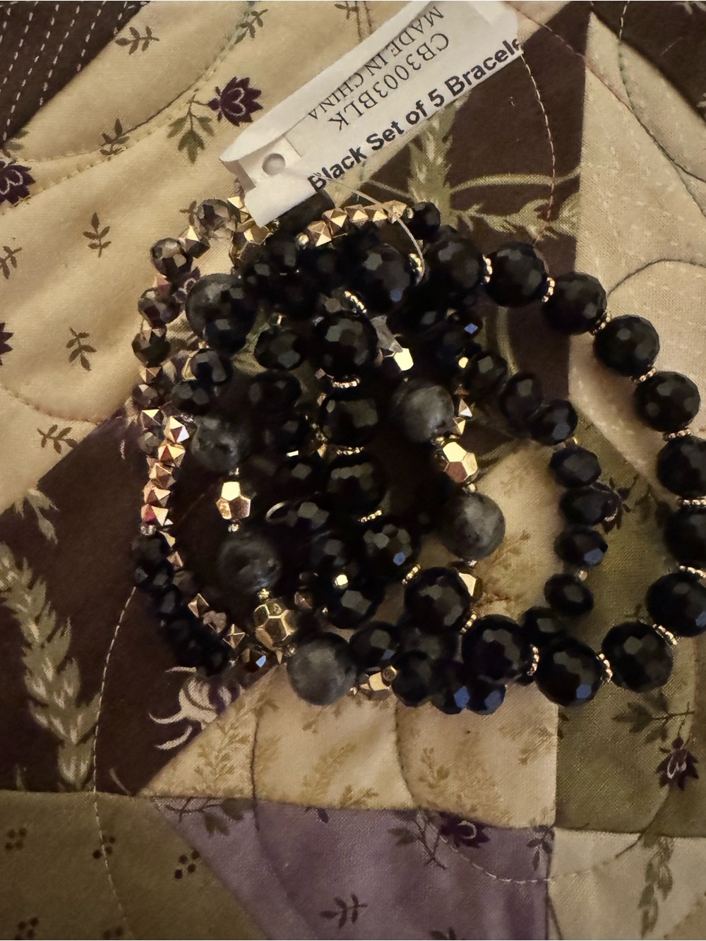 Black Beaded Stretch Bracelet Set with Gold Accents - Women Jewelry